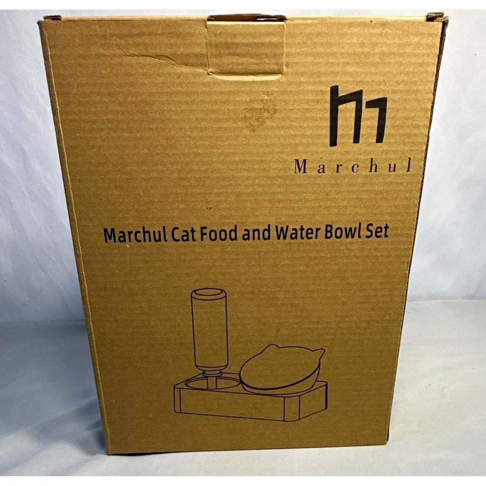 Marchul Cat Food & Water Bowl Set, 2 Bowls, White Plastic, Bowl Set